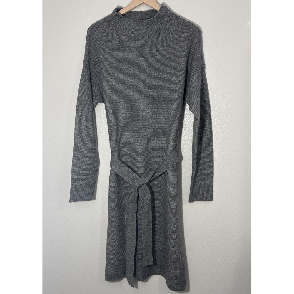 A New Day Women's Large Gray Solid Knit Mock Neck Midi Sweater Dress with Belt